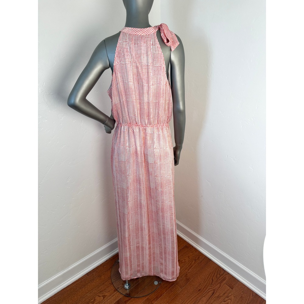 Banana Republic Orange Geo Bow Neck Halter Pleated Silk Feel Maxi Dress Size M - Picture 9 of 11